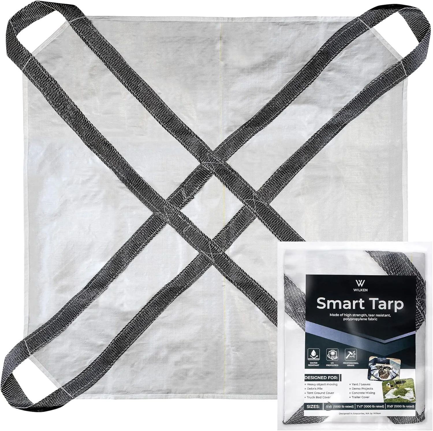 5'x5' Heavy Duty Multi-Use Tarp - Home, Garden, Construction, Camping & Trailering. Extra Strong Waterproof & UV Resistant with Handles