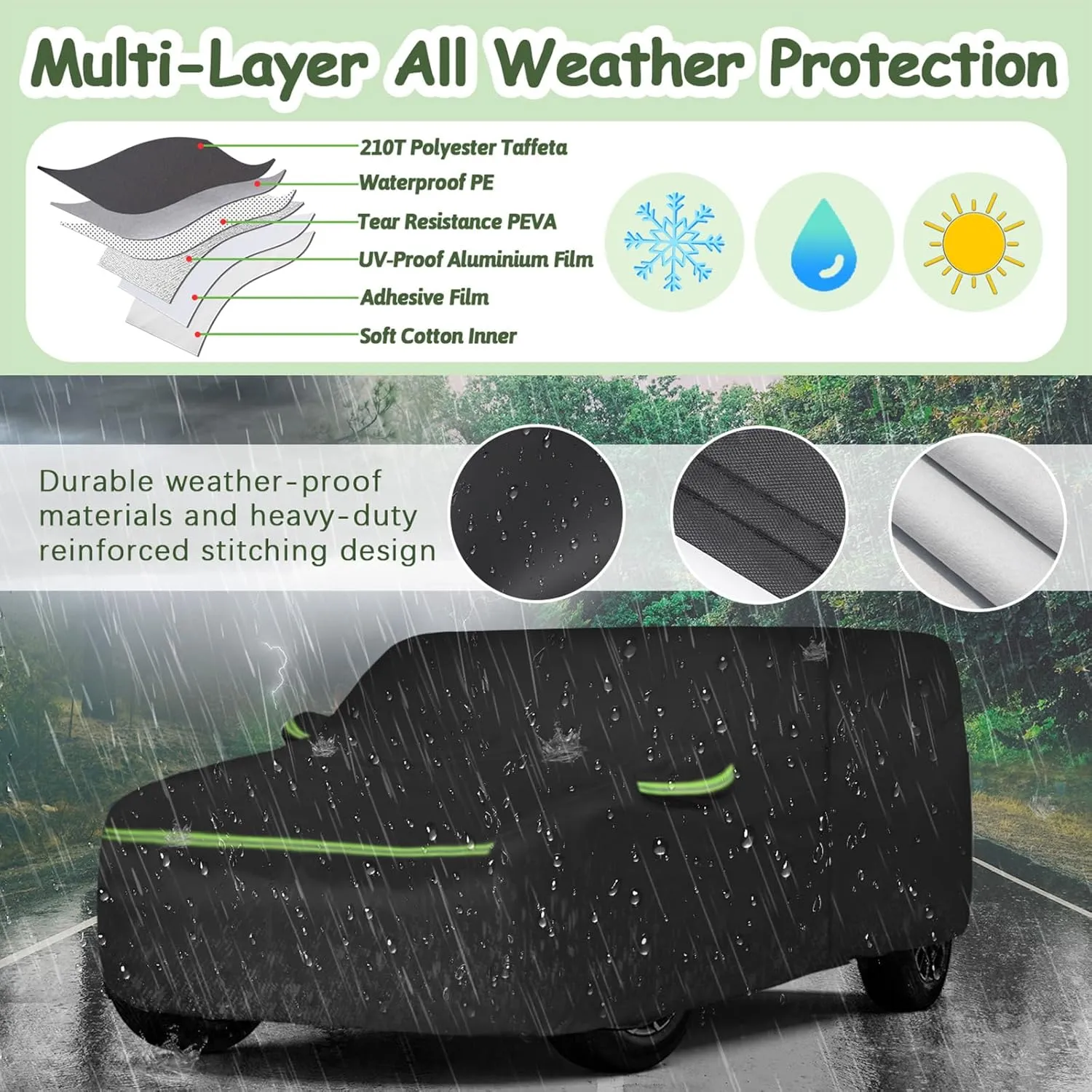 6 Layers Car Cover for Hummer H2 SUV 2002-2009, 210T Waterproof Sun Rain UV Dust Snow Protection Outdoor H2 Full Car Cover with Windproof Gust Strap and Zipper Door-Black