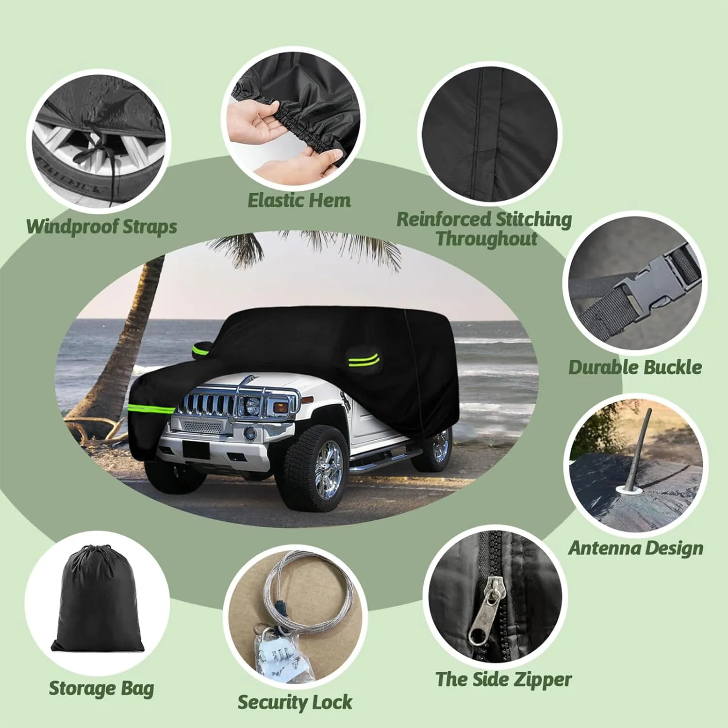 6 Layers Car Cover for Hummer H2 SUV 2002-2009, 210T Waterproof Sun Rain UV Dust Snow Protection Outdoor H2 Full Car Cover with Windproof Gust Strap and Zipper Door-Black