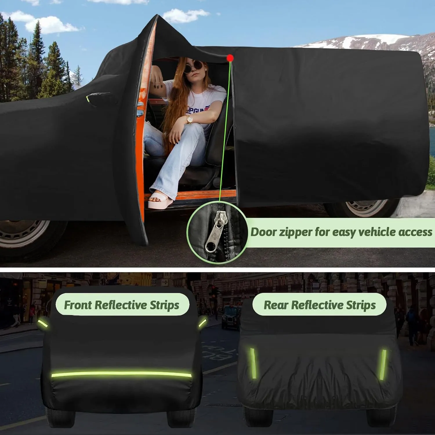 6 Layers Car Cover for Hummer H2 SUV 2002-2009, 210T Waterproof Sun Rain UV Dust Snow Protection Outdoor H2 Full Car Cover with Windproof Gust Strap and Zipper Door-Black