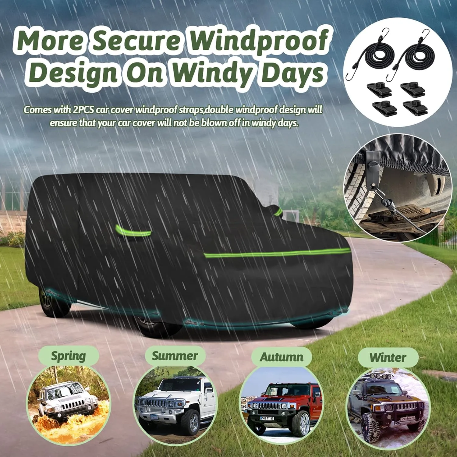 6 Layers Car Cover for Hummer H2 SUV 2002-2009, 210T Waterproof Sun Rain UV Dust Snow Protection Outdoor H2 Full Car Cover with Windproof Gust Strap and Zipper Door-Black