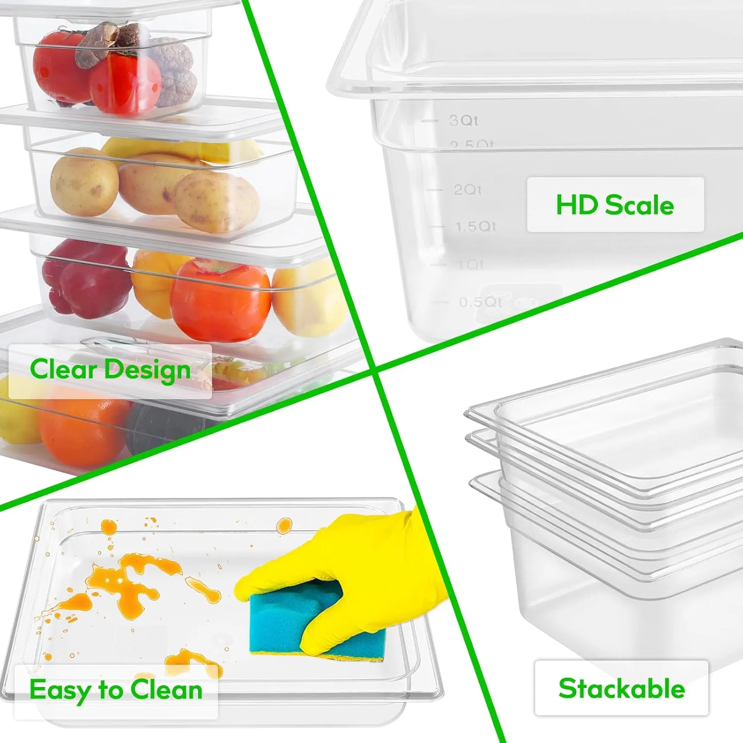 6 Pack 1/4 Size 6'' Deep Clear Food Pans with Lids, Commercial Food Pans Polycarbonate Transparent Food Storage Containers, Stackable Plastic Pan with Capacity Scale, Restaurant Supplies Hotel Pan