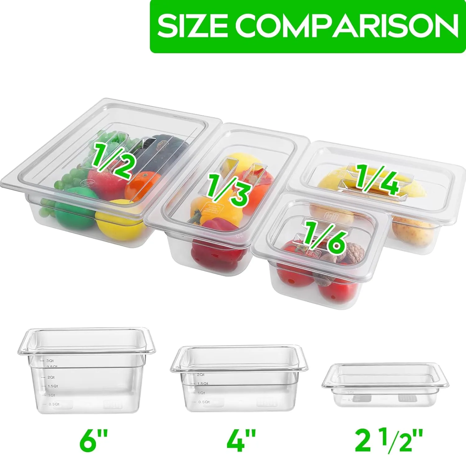 6 Pack 1/4 Size 6'' Deep Clear Food Pans with Lids, Commercial Food Pans Polycarbonate Transparent Food Storage Containers, Stackable Plastic Pan with Capacity Scale, Restaurant Supplies Hotel Pan