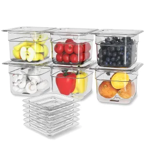 6 Pack Plastic Food Pan with Lid 1/6 Size 4 Inch Deep Restaurant Clear Food Storage Containers Polycarbonate Commercial Hotel Pans for Fruits Vegetables Beans Corns (6 PCS, 4'' Deep)