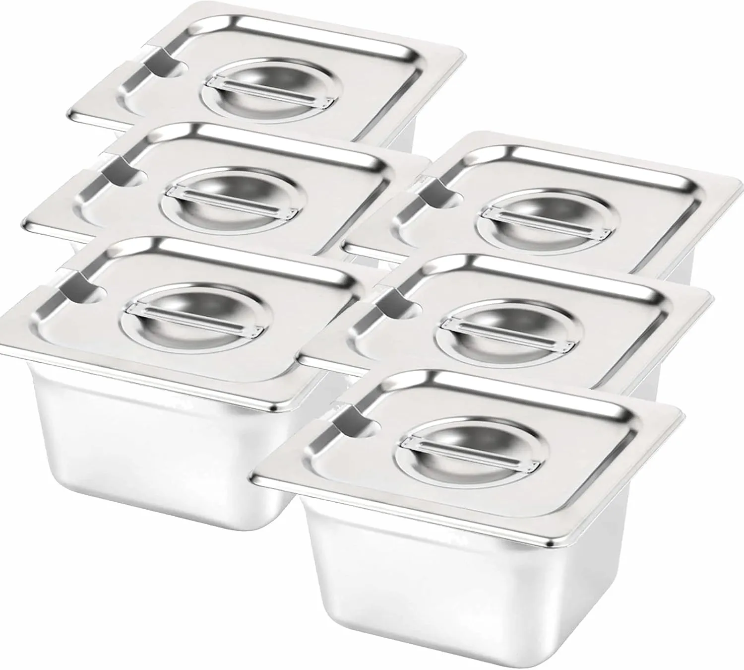 6 Pack Steam Table Pan, 4in Deep 1/6 Size Stainless Steel Food Pan Stackable Catering Pan with Lid for Restaurant, Hotel, Buffet, Party Supplies, 1.5L Capacity, Silver, KHJ93