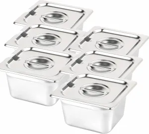 6 Pack Steam Table Pan, 4in Deep 1/6 Size Stainless Steel Food Pan Stackable Catering Pan with Lid for Restaurant, Hotel, Buffet, Party Supplies, 1.5L Capacity, Silver, KHJ93