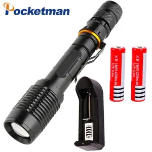 6000LM T6 LED Flashlight Tactical Flashlight LED Torch Zoomable Lamp Light Black With Charger  18650 Battery Rechargeable