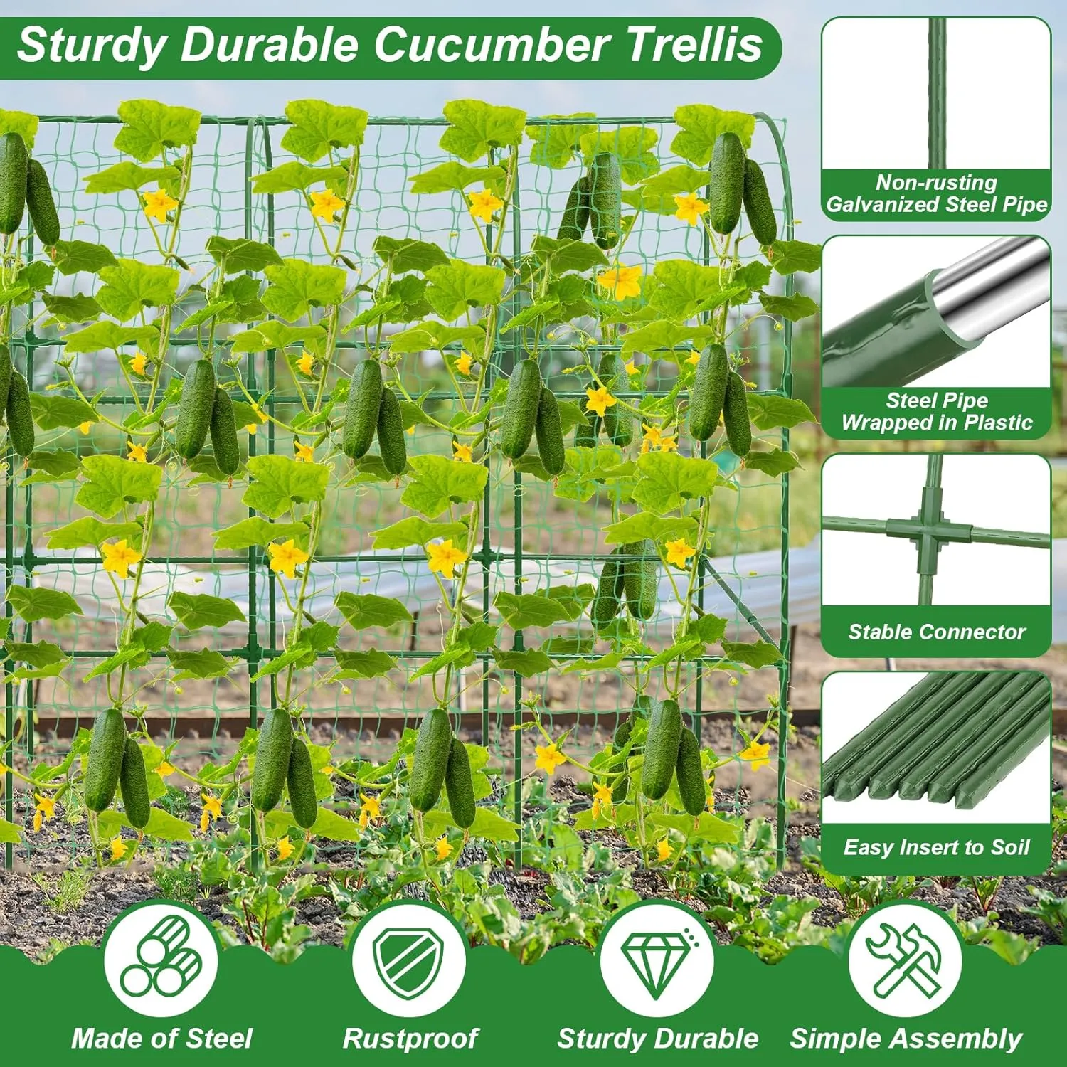 67 x 50 Cucumber Trellis for Raised Bed, U-Shape Metal Large Garden Trellis for Climbing Plants Outdoors with Netting, Garden Tools, Cucumber Arch Trellis for Vegetable Fruit Flower Plant Support
