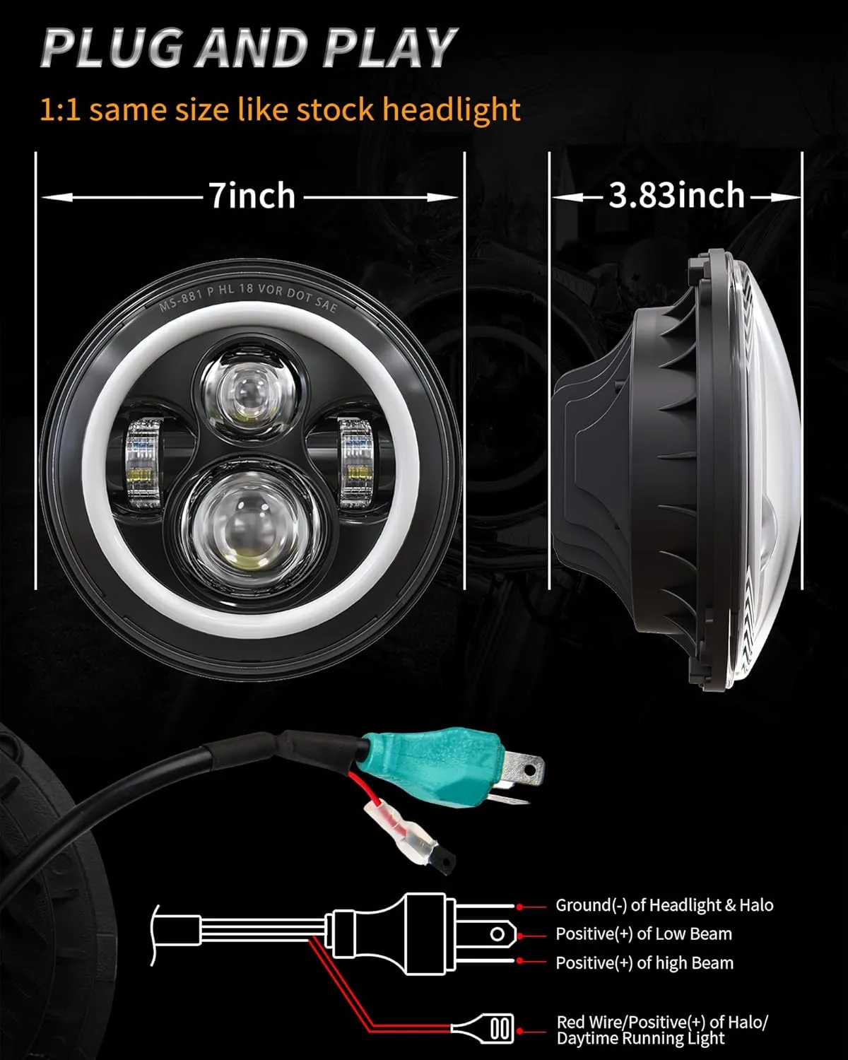 7 Inch LED Headlight DOT DRL Light Halo Bulb Kit for Touring Street Glide Road King Ultra Classic Electra Glide FatBoy Tri Cvo Heritage Softail Slim Deluxe Switchback Black