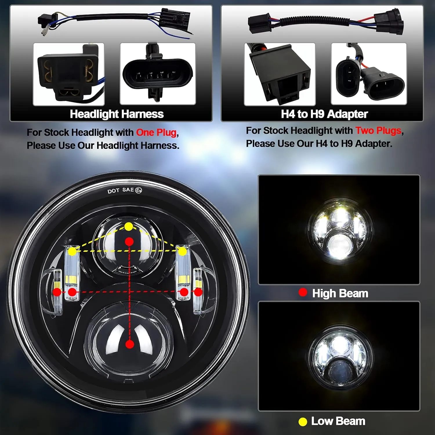 7 inch Motorcycle LED Headlight 4.5" Fog Passing Lights DOT Kit Compatible with Harley Davidson Fat Boy Street Glide Heritage Softail Road King Switchback Electra Glide Ultra Classic Black