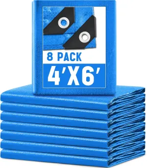 8 Pack 4 x 6 ft 5.5 Mil Small Tarps Heavy Duty Waterproof Tarp Multi Purpose Tent Cover for Home Boats Cars Camping Patio Furniture Roof Emergency Rain Protective Cover, Blue