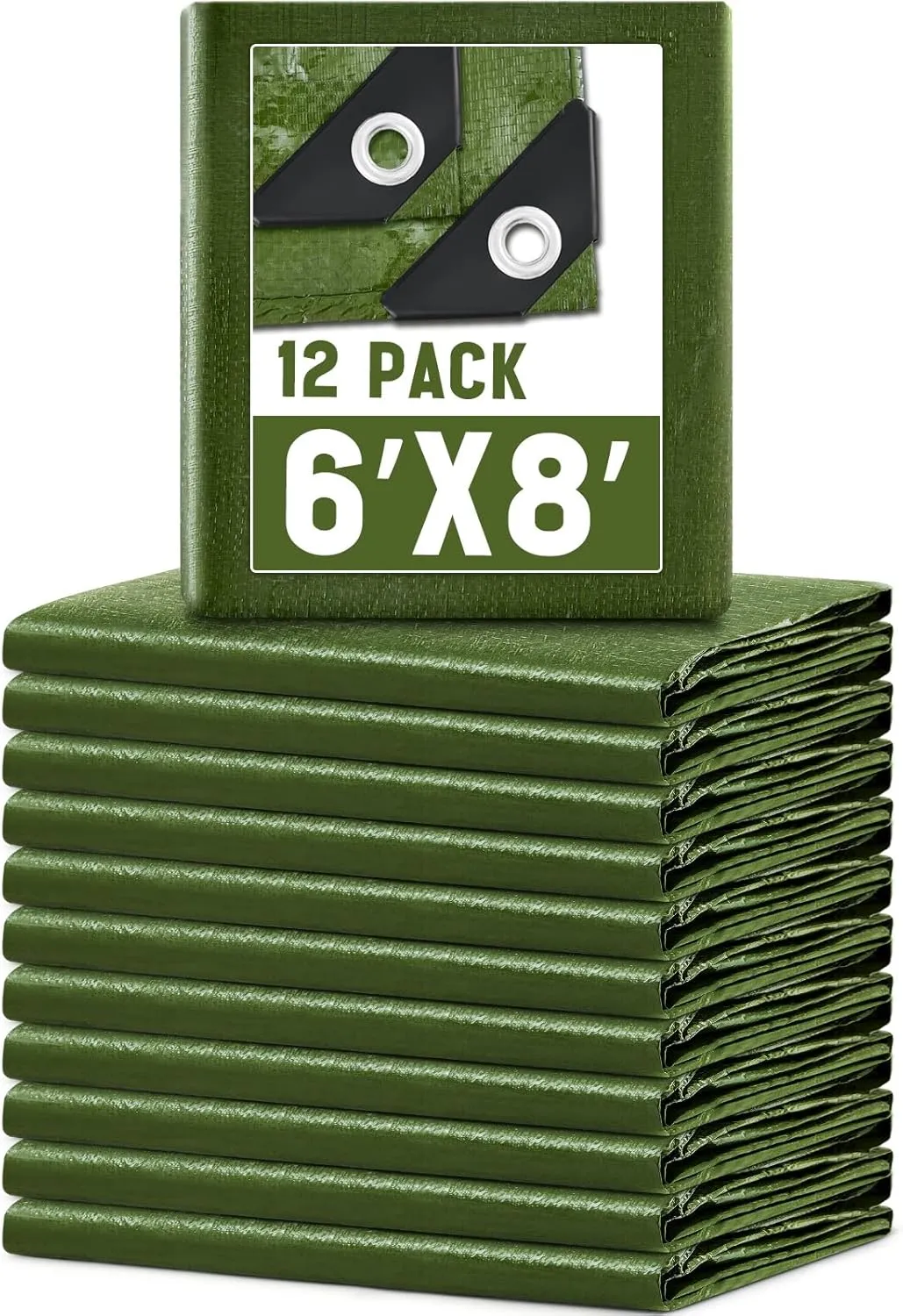 8 Pack 6 x 8 ft 5.5 Mil Large Tarps Heavy Duty Waterproof Tarp Multi Purpose Tent Cover for Home Boats Cars Camping Patio Furniture Roof Emergency Rain Protective Cover, Army Green
