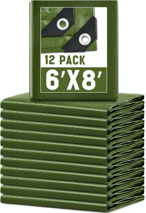 8 Pack 6 x 8 ft 5.5 Mil Large Tarps Heavy Duty Waterproof Tarp Multi Purpose Tent Cover for Home Boats Cars Camping Patio Furniture Roof Emergency Rain Protective Cover, Army Green