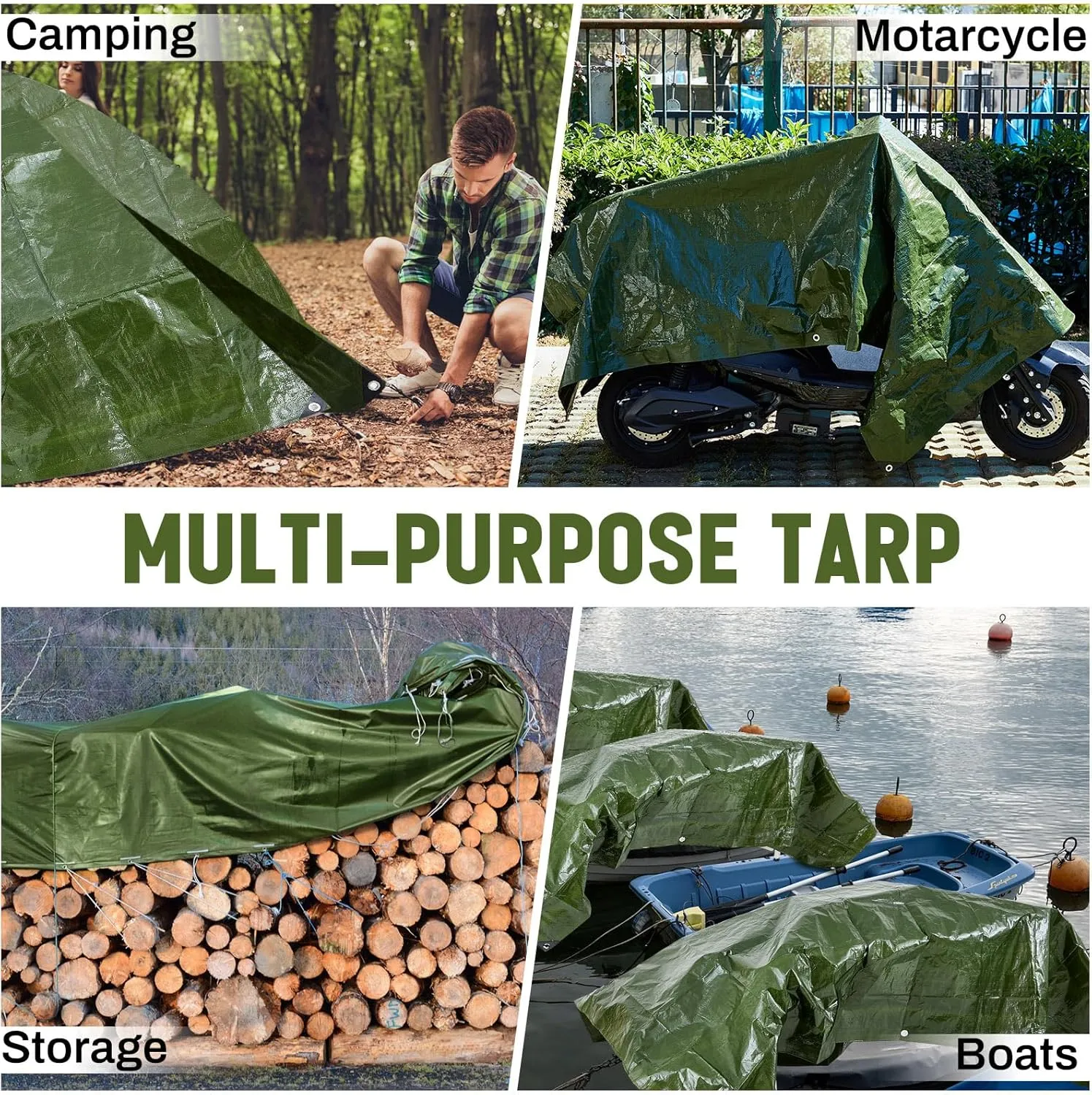 8 Pack 6 x 8 ft 5.5 Mil Large Tarps Heavy Duty Waterproof Tarp Multi Purpose Tent Cover for Home Boats Cars Camping Patio Furniture Roof Emergency Rain Protective Cover, Army Green