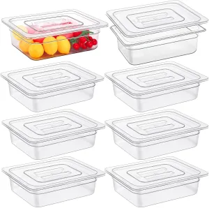8 Pcs Plastic Food Pans with Lids 1/2 Size 4 Inch Deep Clear Stackable Polycarbonate Pan Restaurant Food Storage Containers for Kitchen Hotel Restaurant Food Fruits Vegetables Prep