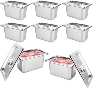 8 PCS Stainless Steel Hotel Pans with Lids, 1/9 Size, 5.5x3x3.9 Inch, 0.9 L/1 QT, Silver, Brushed Finish, Oven Safe, Stackable, Includes Lids