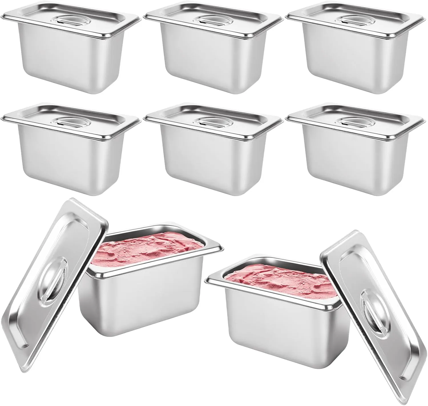 8 PCS Stainless Steel Hotel Pans with Lids, 1/9 Size, 5.5x3x3.9 Inch, 0.9 L/1 QT, Silver, Brushed Finish, Oven Safe, Stackable, Includes Lids