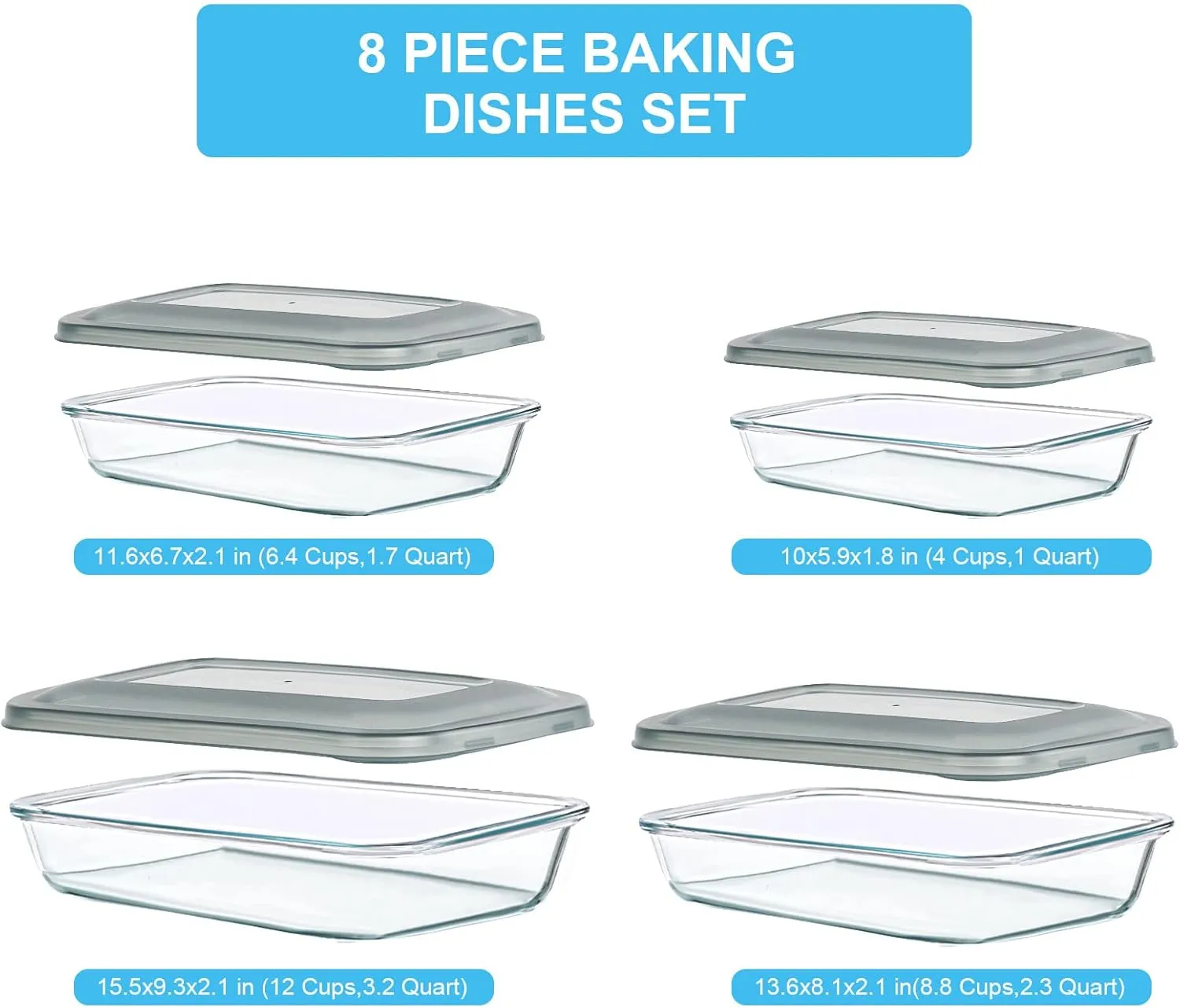 8 Pieces Glass Baking Dish with Lids Rectangular Glass Baking Pan Bakeware Set with Lids, Baking Pans for Lasagna, Leftovers, Cooking, Kitchen, Fridge-to-Oven, Gray