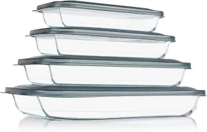 8 Pieces Glass Baking Dish with Lids Rectangular Glass Baking Pan Bakeware Set with Lids, Baking Pans for Lasagna, Leftovers, Cooking, Kitchen, Fridge-to-Oven, Gray