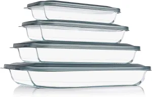 8 Pieces Glass Baking Dish with Lids Rectangular Glass Baking Pan Bakeware Set with Lids, Baking Pans for Lasagna, Leftovers, Cooking, Kitchen, Fridge-to-Oven, Gray
