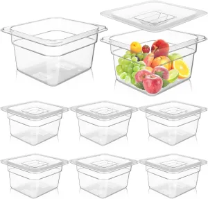 8 Set 1/6 Size Clear Polycarbonate Food Pans with Lids 4 Inch Deep Food Storage Containers Restaurant Hotel Pan with Lid Plastic Commercial Stackable Containers for Snack Fruits Vegetables Beans Corns
