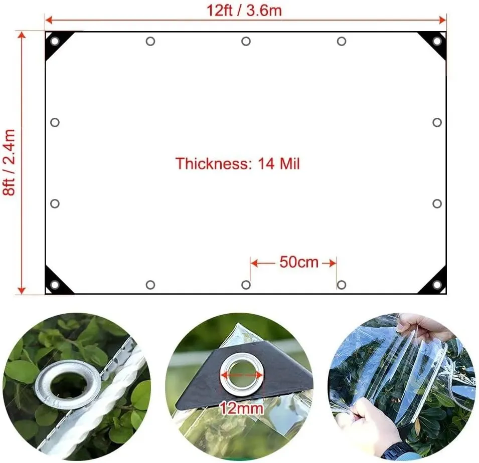 8' x 12' Clear Vinyl Tarp - 0.35mm Clear PVC Tarp, with Grommets and Tying Rope - Duty Heavy Tear Resistant Cover for Camping, Greenhouse, Cars, Patio and Pavilion