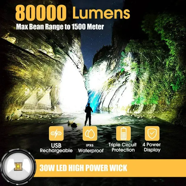 80000 Lumens Rechargeable Flashlights, Super Bright LED Flashlights with 2600mAH Battery and 7 Modes Zoomable, IPX6 Waterproof Tactical Flashlight for Outdoor Camping Activity or Emergency Use