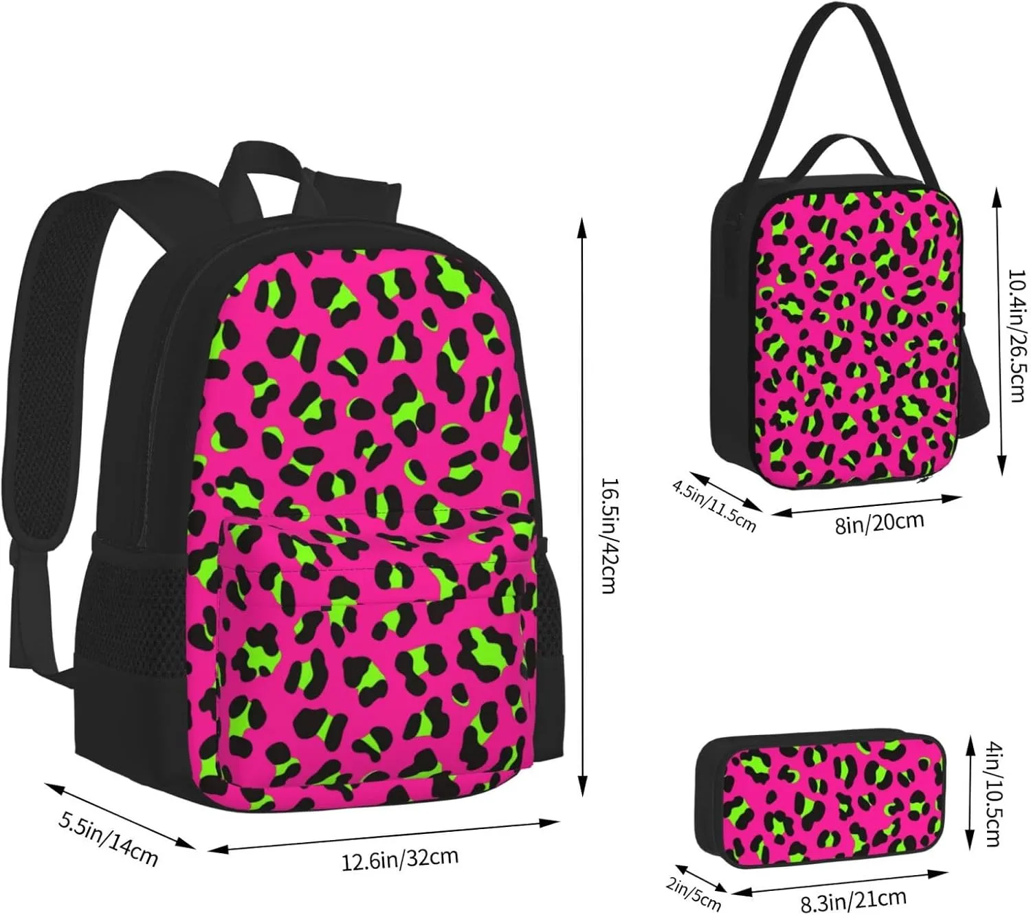 80s Neon Pink Fuchsia Lime Green Leopard Multifunctional Pocket Backpack Crossbody Lunch Bag Pencil Case 3Pcs Set Large Capacity Backpack