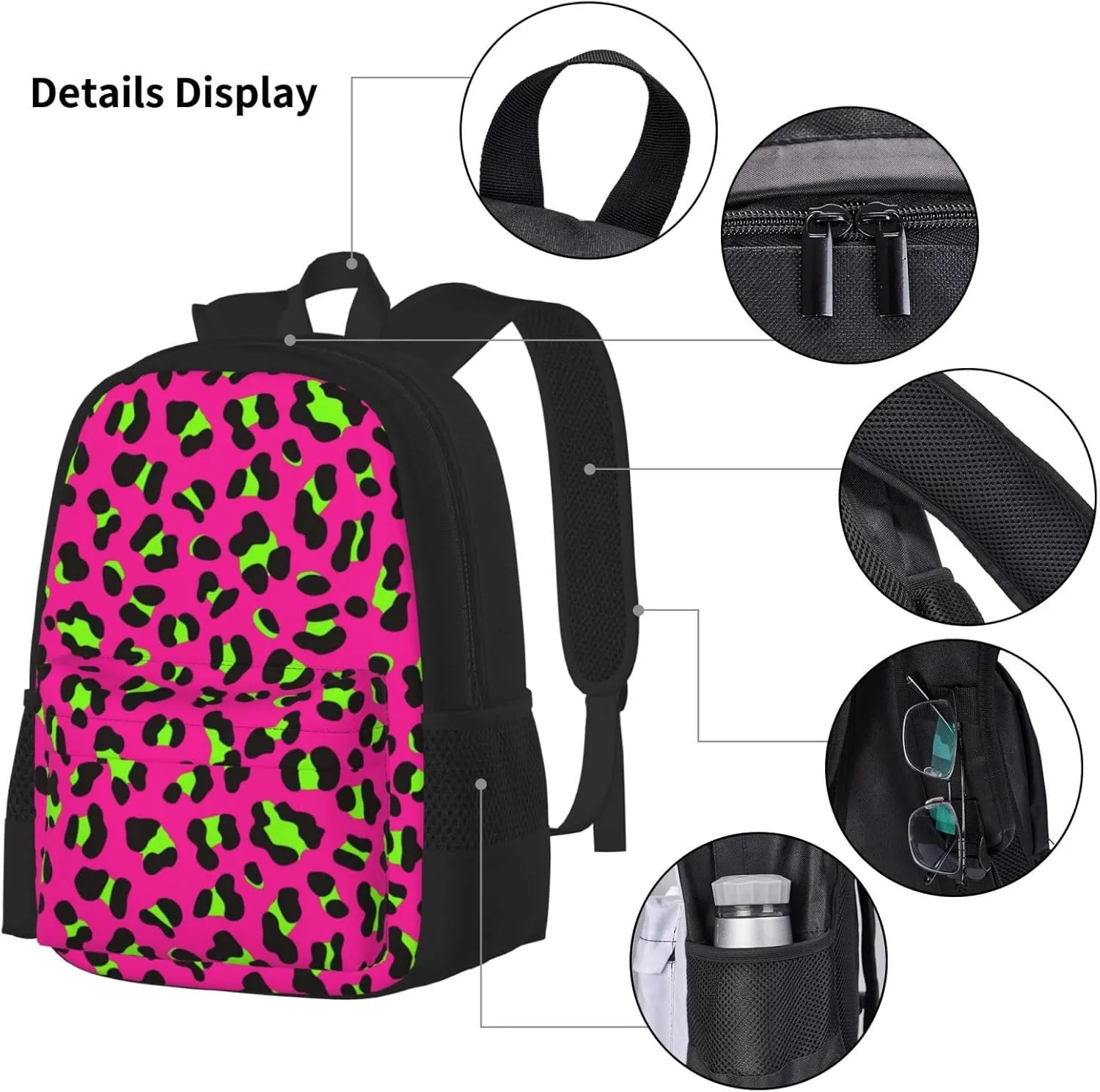 80s Neon Pink Fuchsia Lime Green Leopard Multifunctional Pocket Backpack Crossbody Lunch Bag Pencil Case 3Pcs Set Large Capacity Backpack