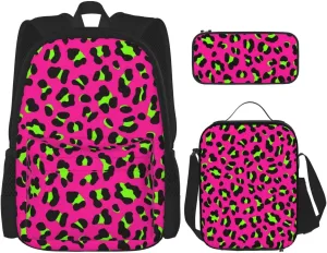 80s Neon Pink Fuchsia Lime Green Leopard Multifunctional Pocket Backpack Crossbody Lunch Bag Pencil Case 3Pcs Set Large Capacity Backpack