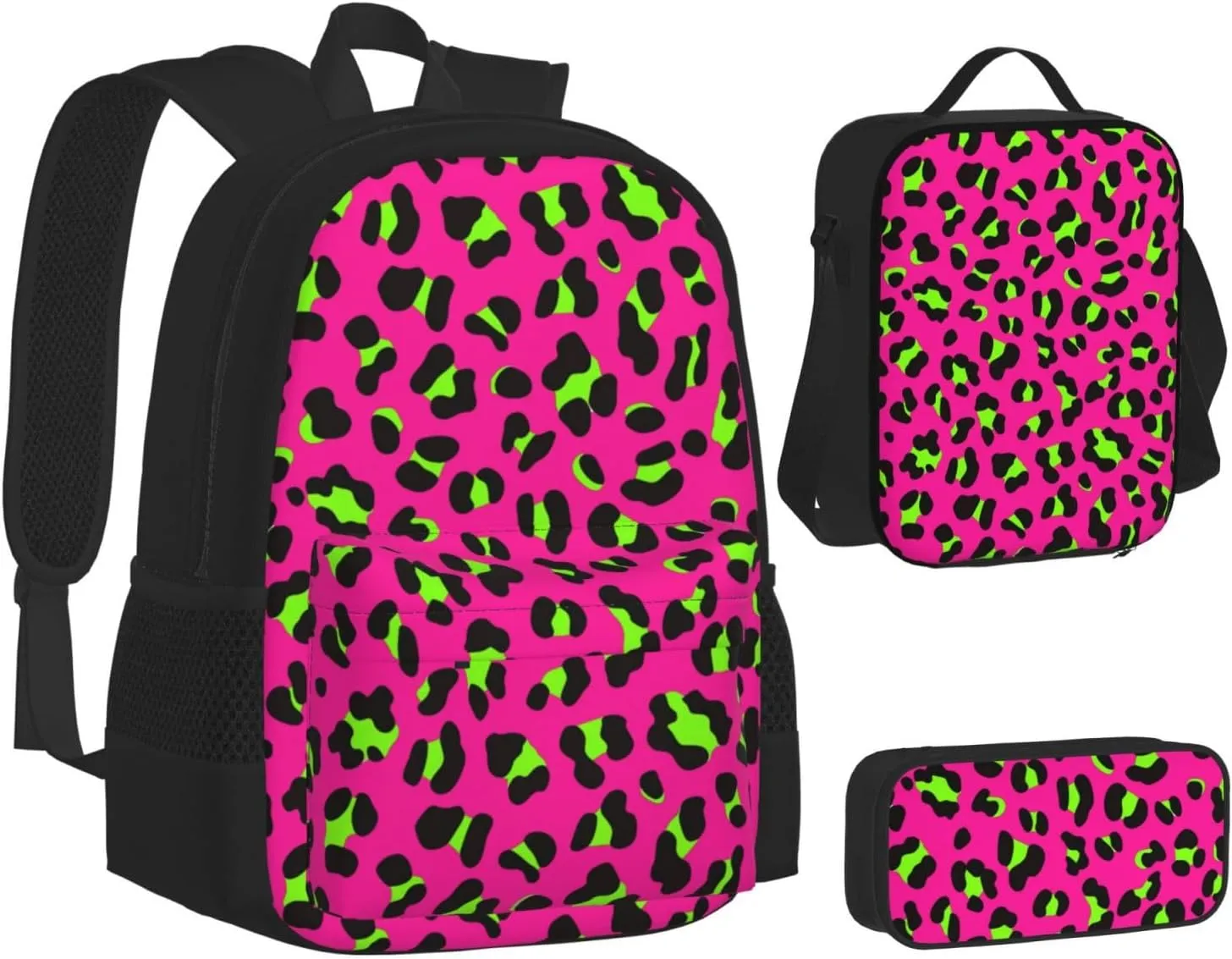80s Neon Pink Fuchsia Lime Green Leopard Multifunctional Pocket Backpack Crossbody Lunch Bag Pencil Case 3Pcs Set Large Capacity Backpack