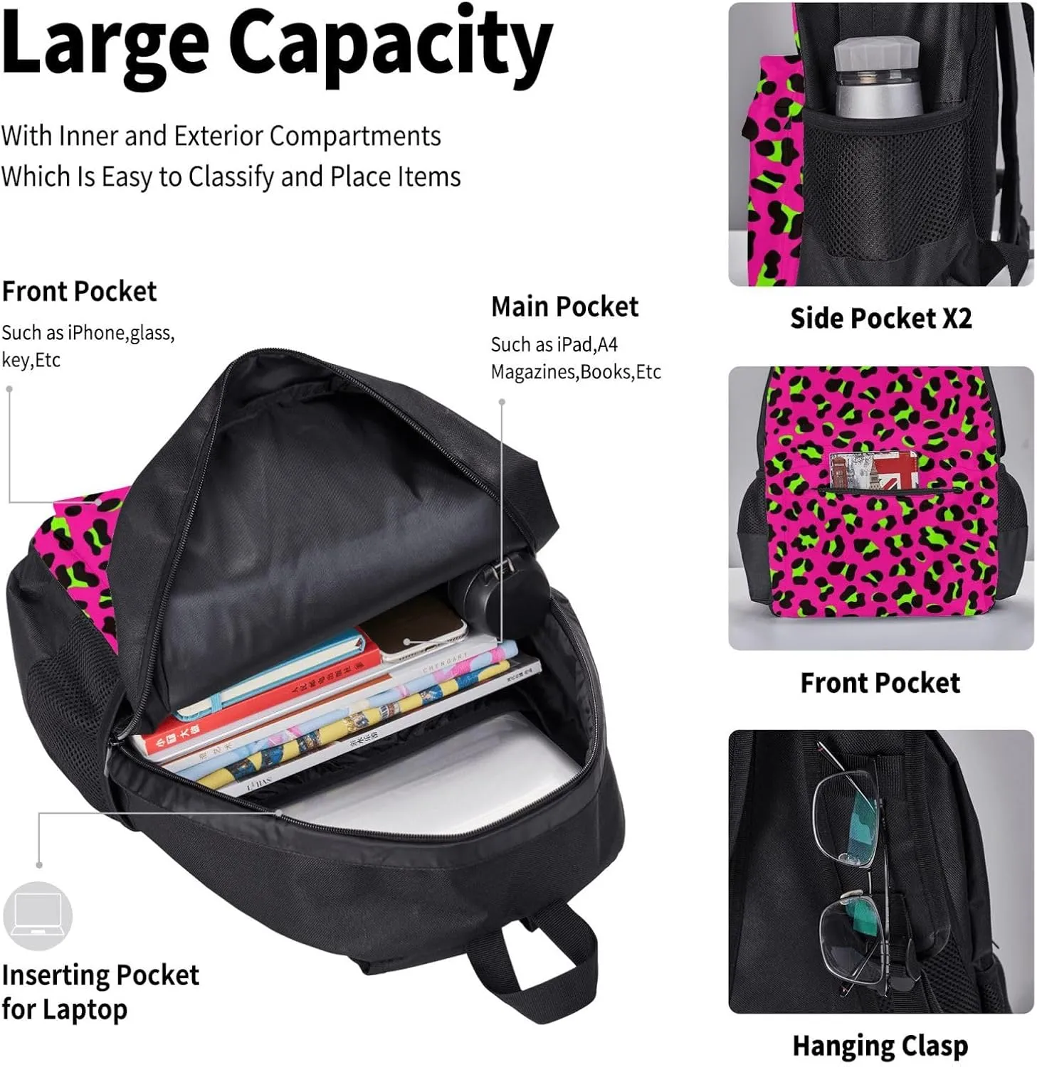 80s Neon Pink Fuchsia Lime Green Leopard Multifunctional Pocket Backpack Crossbody Lunch Bag Pencil Case 3Pcs Set Large Capacity Backpack