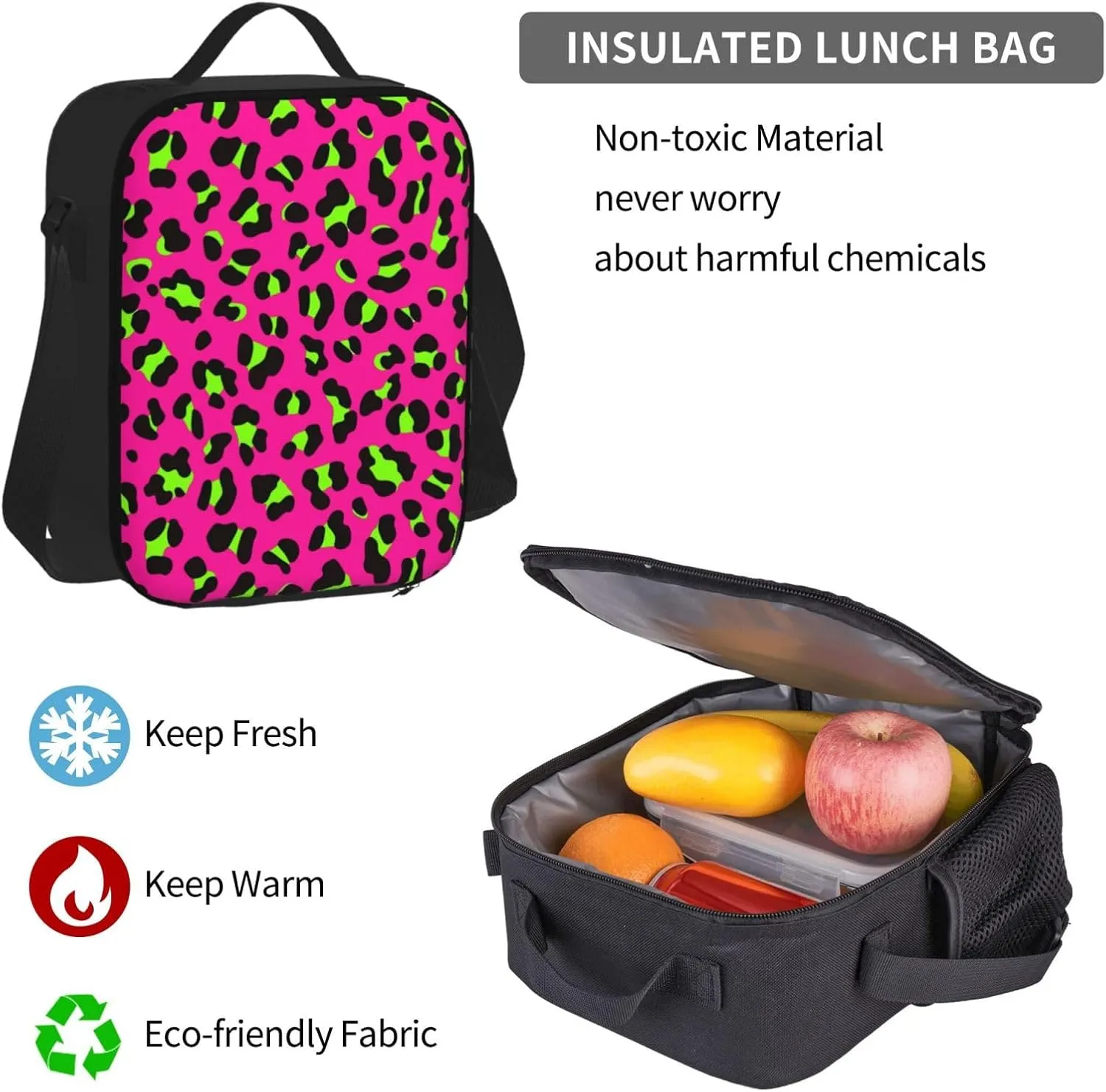 80s Neon Pink Fuchsia Lime Green Leopard Multifunctional Pocket Backpack Crossbody Lunch Bag Pencil Case 3Pcs Set Large Capacity Backpack