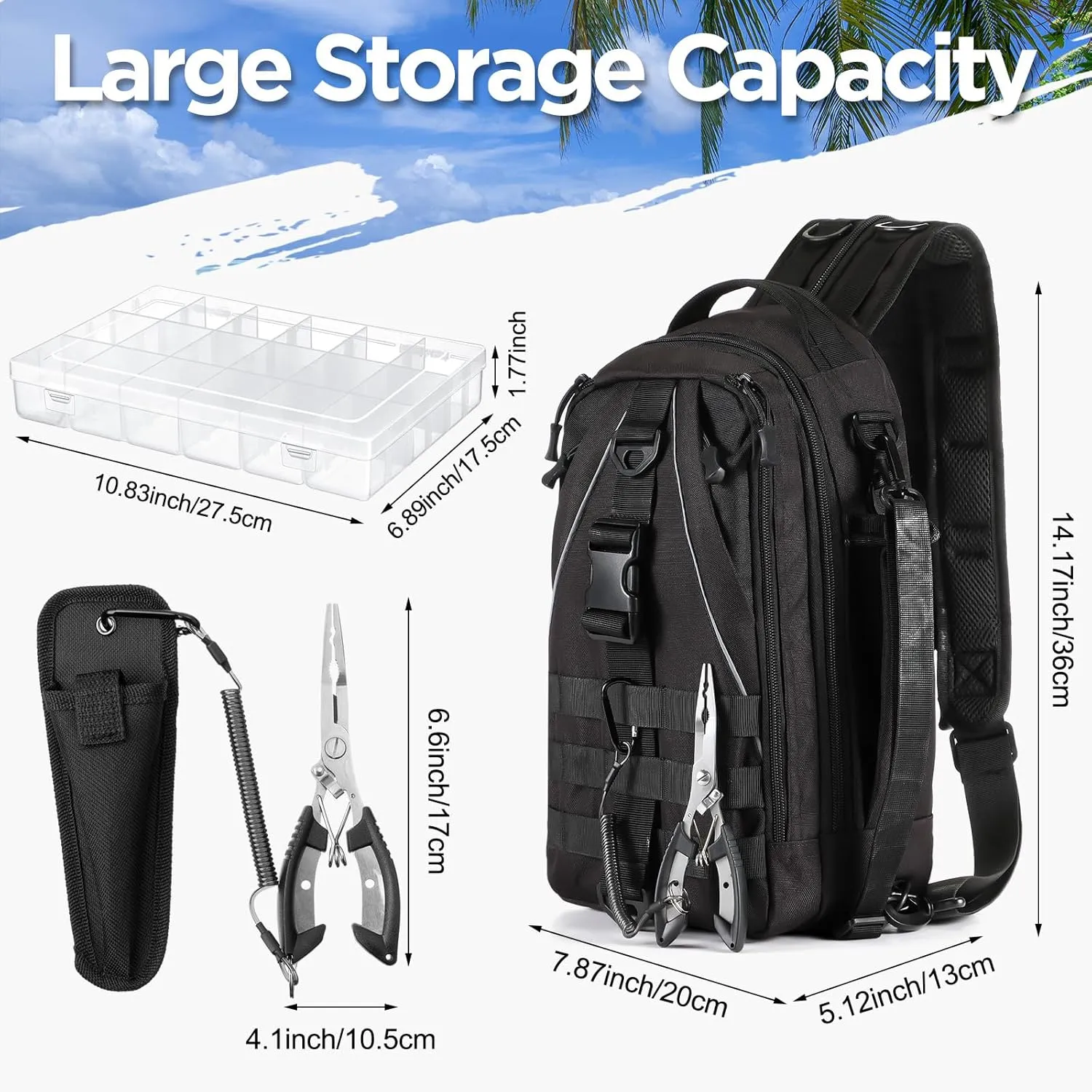 85 Pcs Fishing Backpack with Tackle Boxes, Tackle Sling Bag with Rod Holder, Fishing Lures Kit and Pliers Set for Men Women