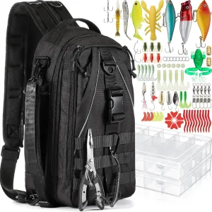 85 Pcs Fishing Backpack with Tackle Boxes, Tackle Sling Bag with Rod Holder, Fishing Lures Kit and Pliers Set for Men Women