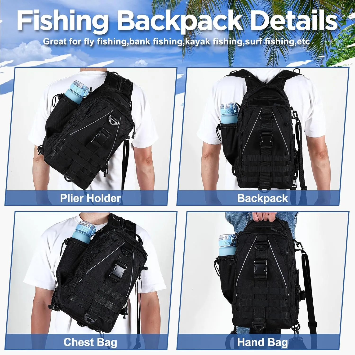 85 Pcs Fishing Backpack with Tackle Boxes, Tackle Sling Bag with Rod Holder, Fishing Lures Kit and Pliers Set for Men Women