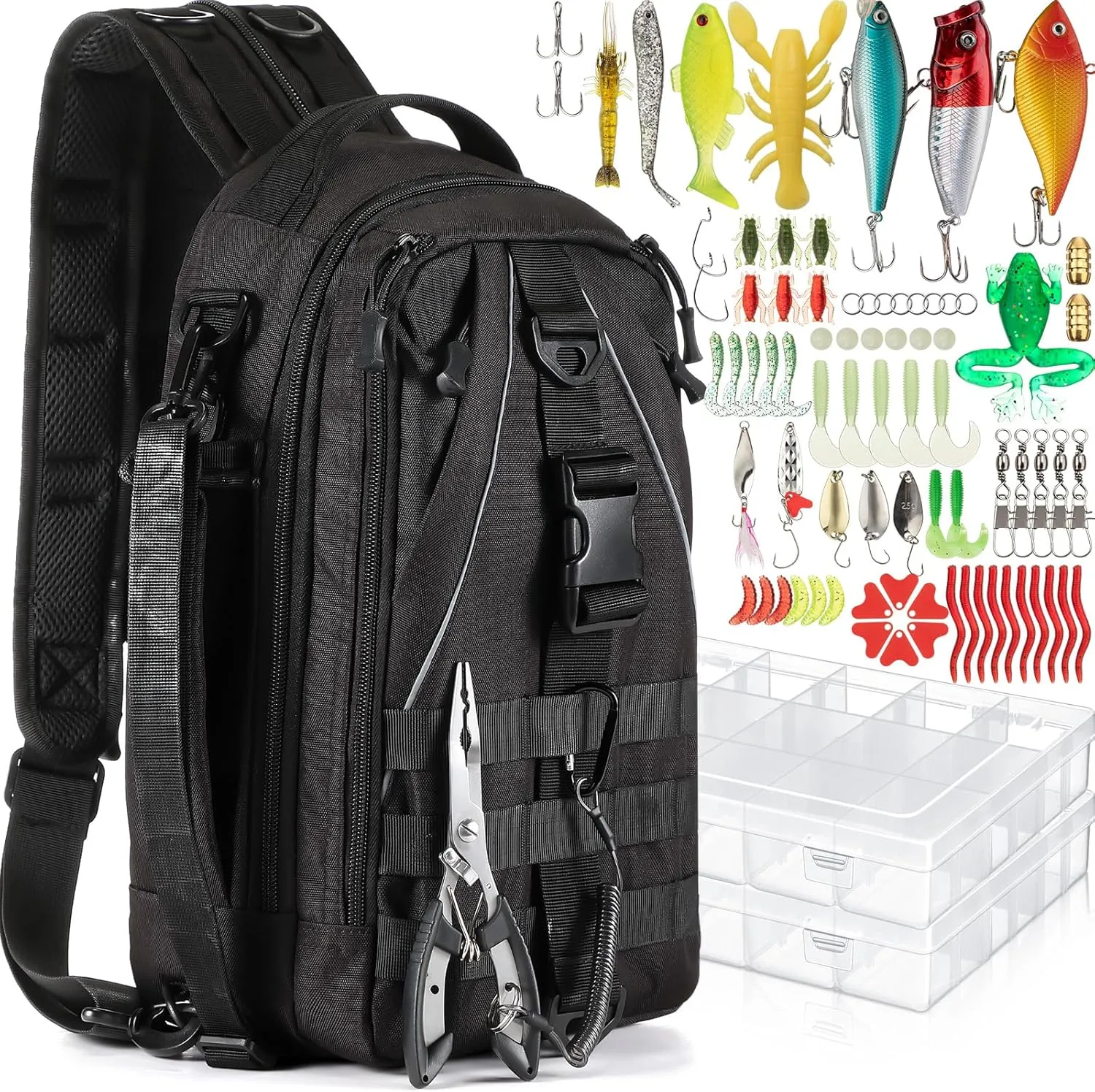 85 Pcs Fishing Backpack with Tackle Boxes, Tackle Sling Bag with Rod Holder, Fishing Lures Kit and Pliers Set for Men Women
