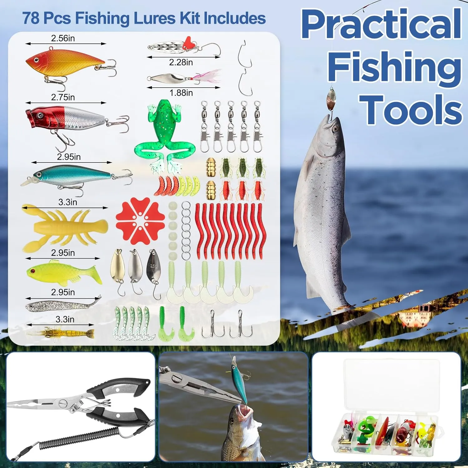 85 Pcs Fishing Backpack with Tackle Boxes, Tackle Sling Bag with Rod Holder, Fishing Lures Kit and Pliers Set for Men Women