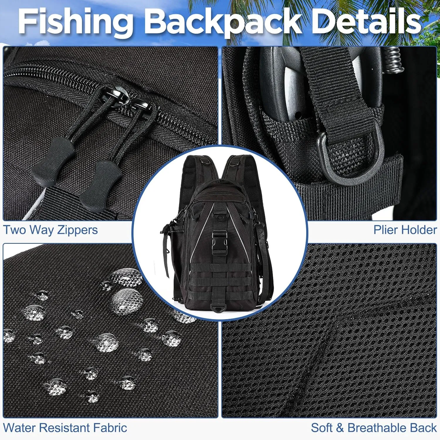 85 Pcs Fishing Backpack with Tackle Boxes, Tackle Sling Bag with Rod Holder, Fishing Lures Kit and Pliers Set for Men Women