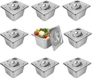 9 Set Stainless Steel Hotel Pans with Lids, 1/6 Size 4 In Deep Steam Table Pan Stainless Food Storage Containers Stackable Metal Steamer Pan for Kitchen Restaurant Party Buffet Event Catering
