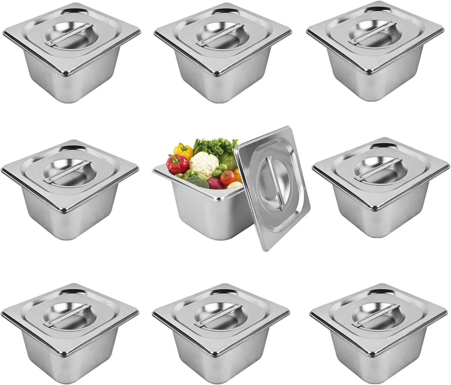 9 Set Stainless Steel Hotel Pans with Lids, 1/6 Size 4 In Deep Steam Table Pan Stainless Food Storage Containers Stackable Metal Steamer Pan for Kitchen Restaurant Party Buffet Event Catering