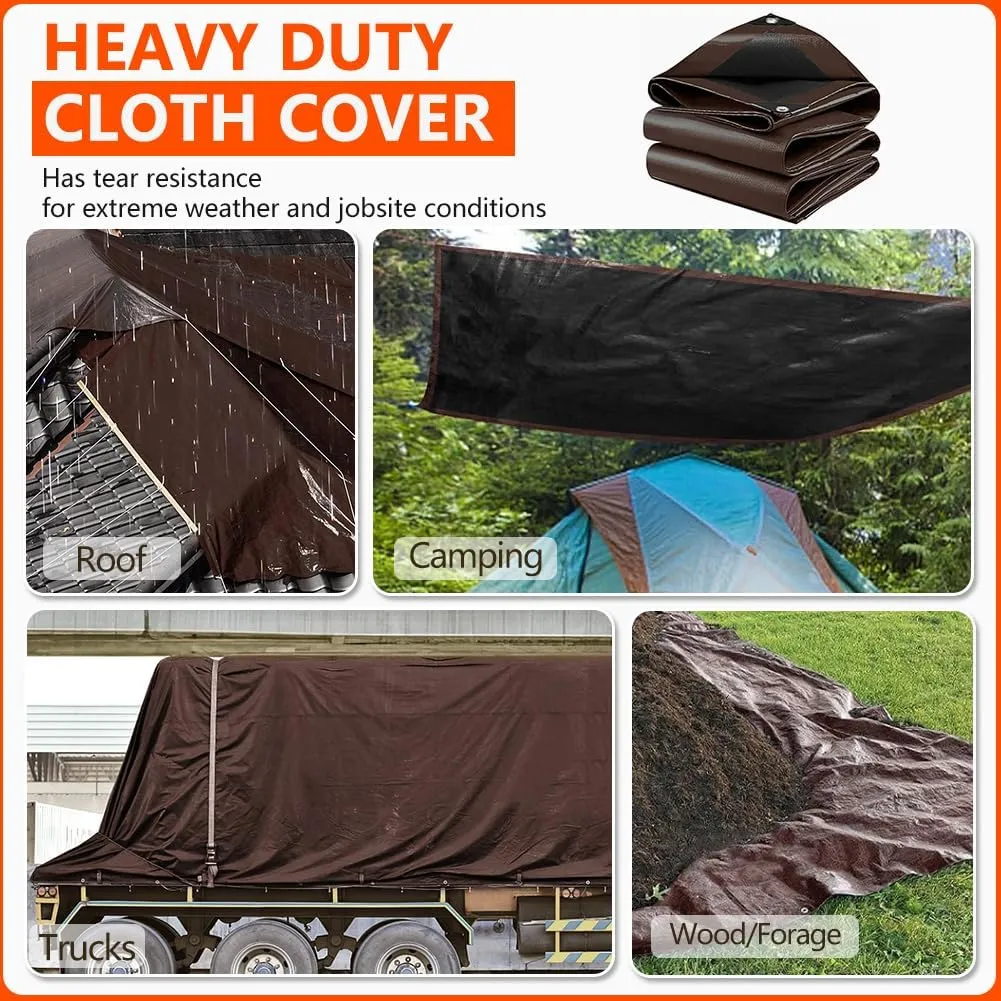 9x12Ft Tarps 18 MIL Heavy Duty Thick Waterproof Poly Tarp, UV Resistant&Tear Multipurpose Protective Cover w/Grommets and Reinforced Edges for Camping, Tent, Boat, RV, Car Brown&Black
