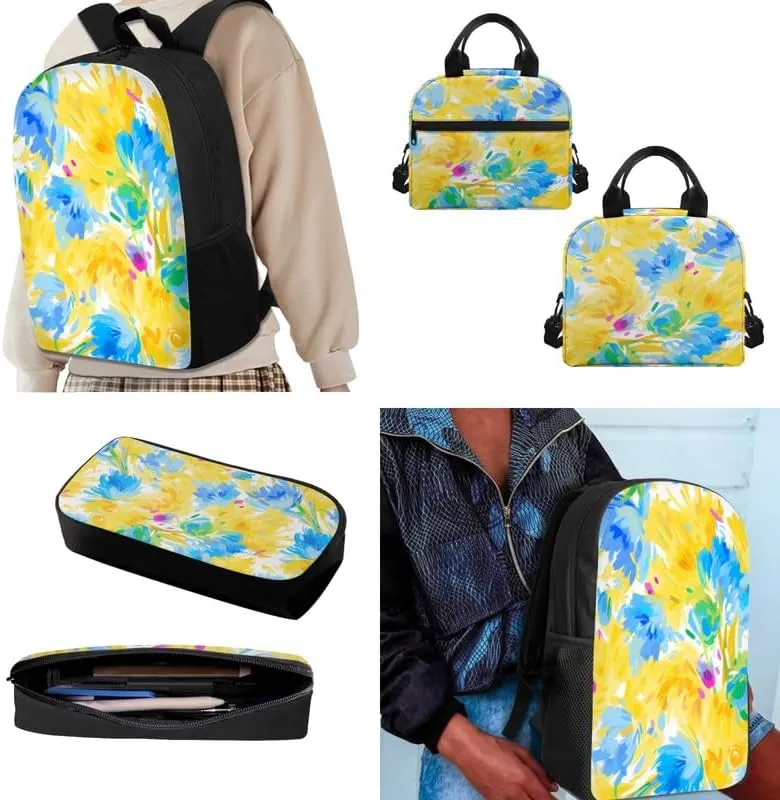 Abstract Daisy Floral Print 3-Pcs Casual Daypack Set Yellow Blue Flower Durable Knapsack with Lunch Bag Pencil Bag Fits 12 inch Macbook/Laptop Bag Gifts for Men & Women