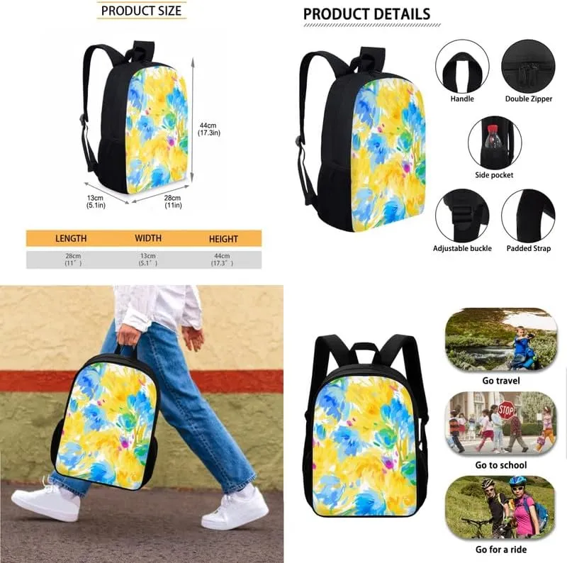 Abstract Daisy Floral Print 3-Pcs Casual Daypack Set Yellow Blue Flower Durable Knapsack with Lunch Bag Pencil Bag Fits 12 inch Macbook/Laptop Bag Gifts for Men & Women