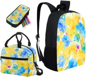 Abstract Daisy Floral Print 3-Pcs Casual Daypack Set Yellow Blue Flower Durable Knapsack with Lunch Bag Pencil Bag Fits 12 inch Macbook/Laptop Bag Gifts for Men & Women