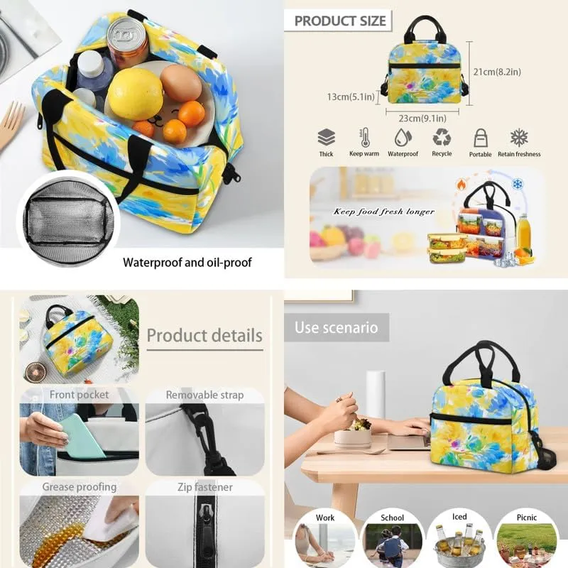 Abstract Daisy Floral Print 3-Pcs Casual Daypack Set Yellow Blue Flower Durable Knapsack with Lunch Bag Pencil Bag Fits 12 inch Macbook/Laptop Bag Gifts for Men & Women
