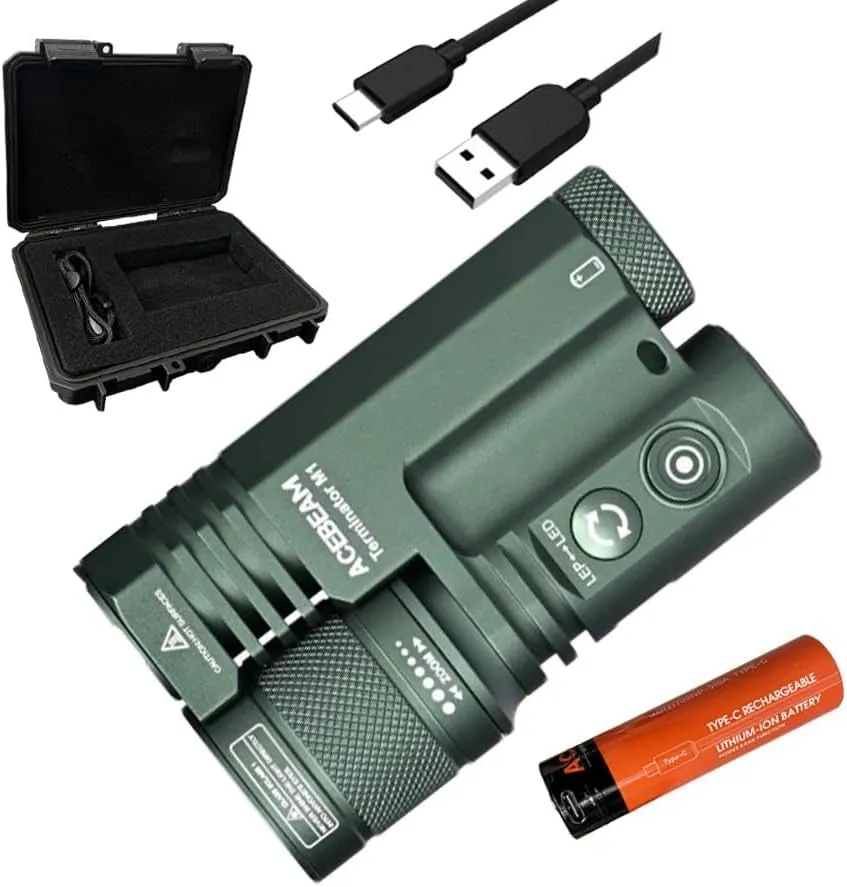 ACEBEAM M1 OD Green Flashlight 6500K Terminator M1 OD Green Limited Edit LED Cool White 6500K and Zoomable Flashlight -2300 Lumens w/ 1750 Yards Ultra Long Throw