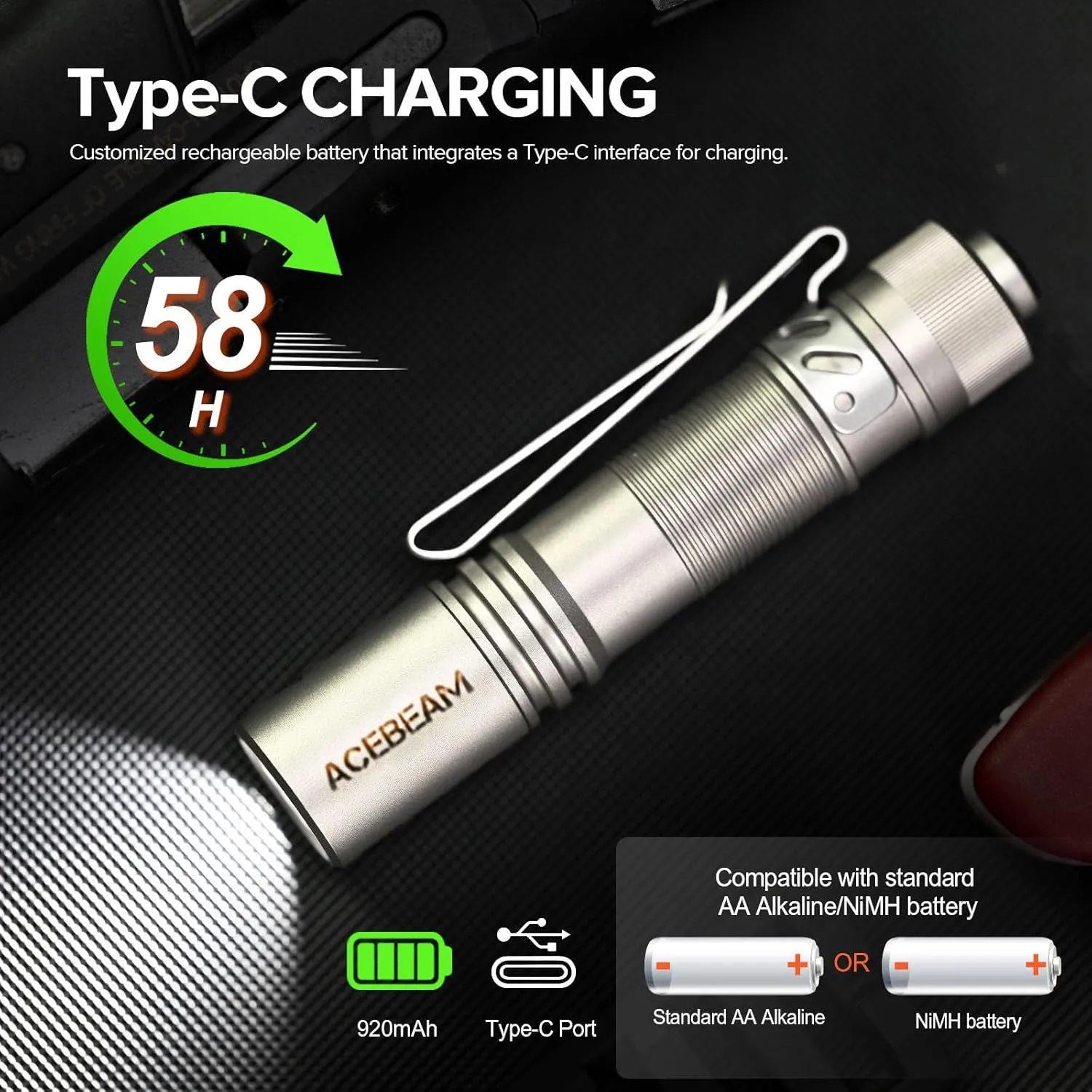 ACEBEAM Pokelit AA Rechargeable Mini Flashlight with Clip, 1000 High Lumens Pocket EDC Flashlight, Super Bright Small Flashlight, Led Flashlight for Camping,Hiking,Everyday Use, Titanium Alloy Natural