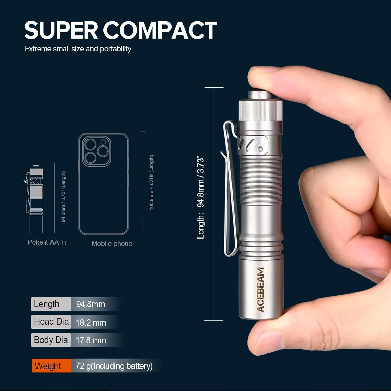 ACEBEAM Pokelit AA Rechargeable Mini Flashlight with Clip, 1000 High Lumens Pocket EDC Flashlight, Super Bright Small Flashlight, Led Flashlight for Camping,Hiking,Everyday Use, Titanium Alloy Natural