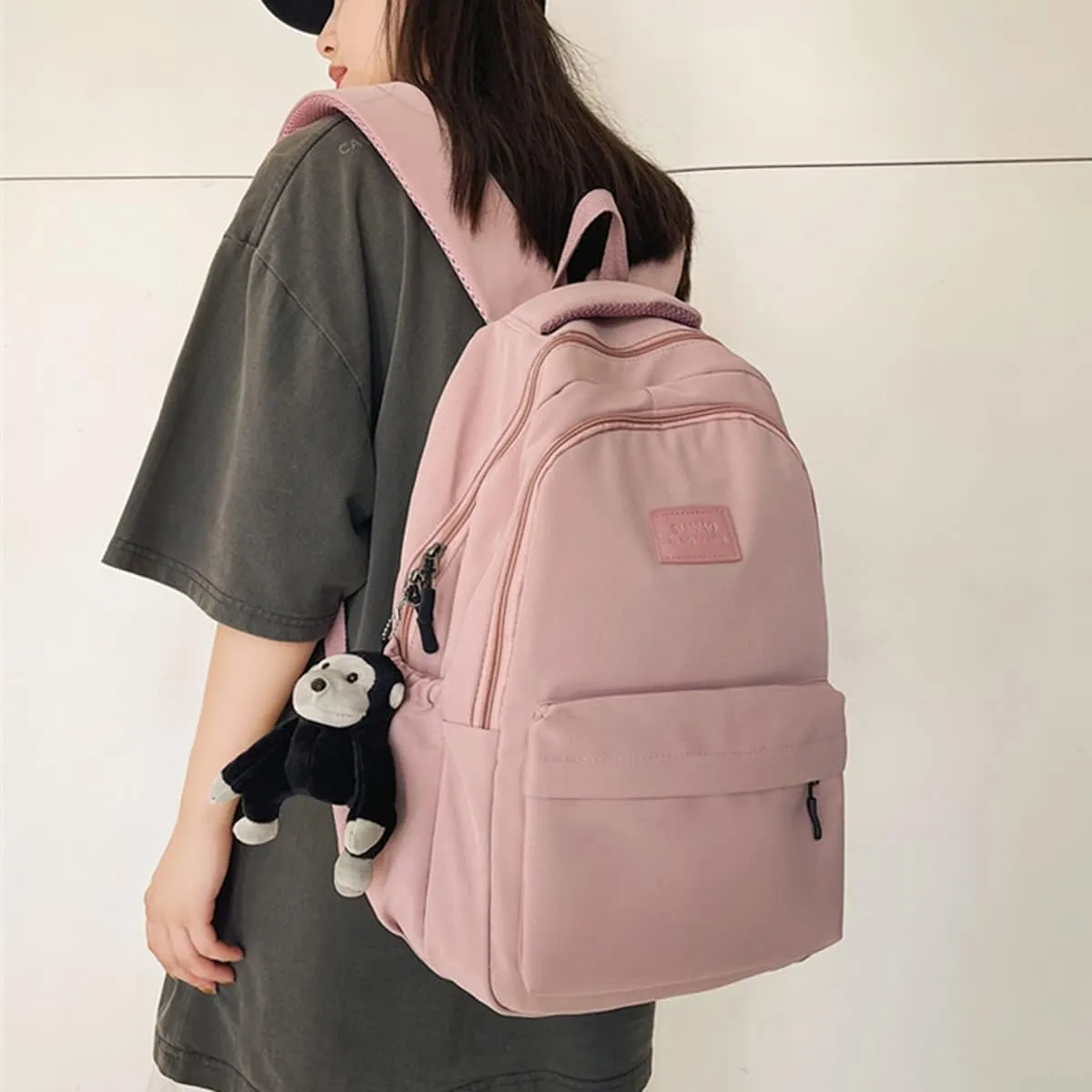 Aesthetic Backpack Cute Backpack for School College Backpack Large Capacity Bookbags for Girls Women Students Casual Travel Daypacks Solid Color(Pink)